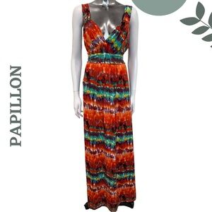 Papillon Orange Multicolor Sleeveless Maxi Dress – Back Tie Size Medium